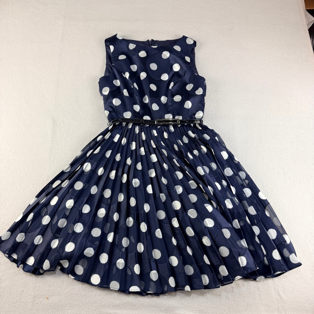 Adrianna‎ Papell Navy Blue Polka Dot Pleated Fit Flare Dress Belted 2P Petite